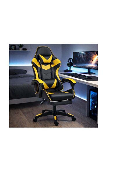 LEAN Scaun de gaming rotativ cu suport pentru picioare, negru/galben, 30557