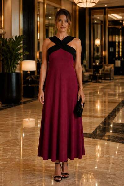 Mossta Geometric Collar Long Viscose Dress - Burgundy