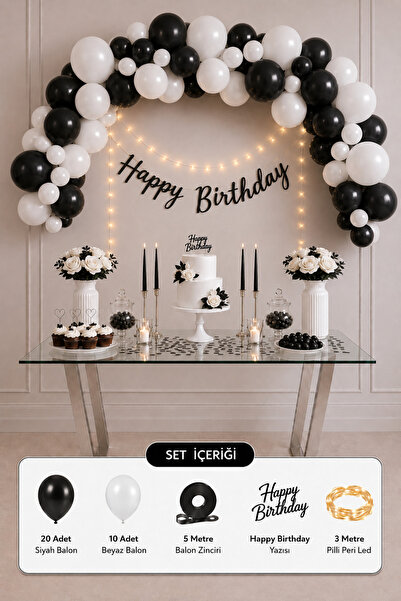 Baloncu Nene Siyah Beyaz Doğum Günü Süsleme Seti 30 Balonlu Happy Birthday Ya...
