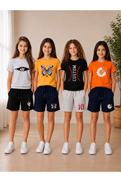 cm buseyiz C&M Girls' Multi-Colored Printed 4-Piece Shorts Set