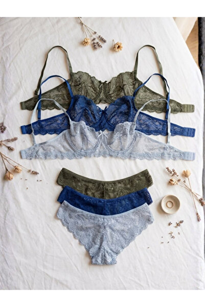 MAİZEN 3-Piece Lace Bra Set Blue Navy and Khaki Brazilian Panty Women's Linge...