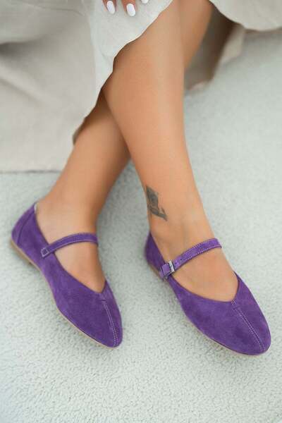 Parponi Will Belted Round Toe Genuine Suede Leather Ballerinas Purple