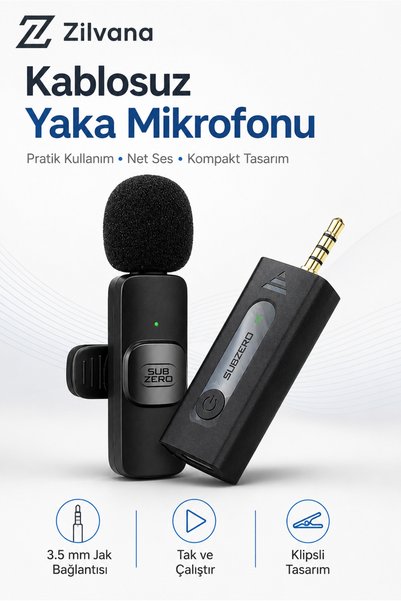 Zilvana Kablosuz Yaka Mikrofonu 3.5 mm Jak Alıcılı Type-C Şarjlı Klipsli Lava...