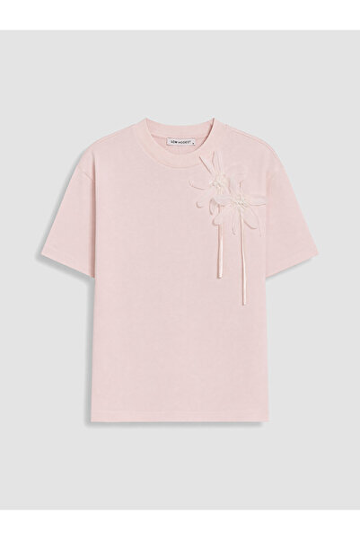 LC Waikiki Lcw Modest Pink Crew Neck Women's T-Shirt with Floral Appliqué
