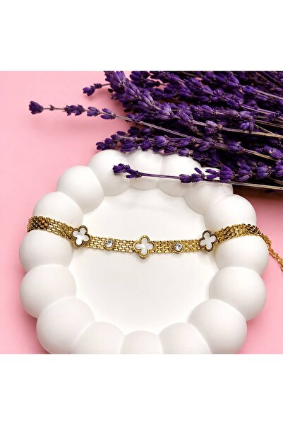 Haziran Accessory, Gold Extension Ring Steel Women's Bracelet with Clover, He...