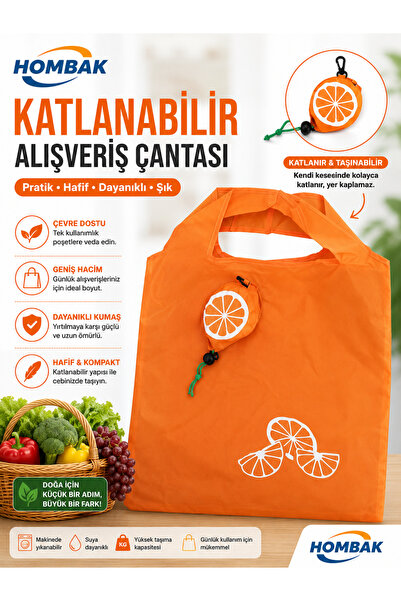 Hombak Foldable Shopping Beach Bag 38X58 cm – Portable Orange Pouch Design, W...
