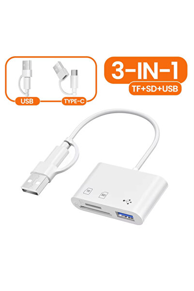 Choice7 3-in-1 USB White 3 in 1 USB/Type C Multifunction Card Reader OTG SD T...
