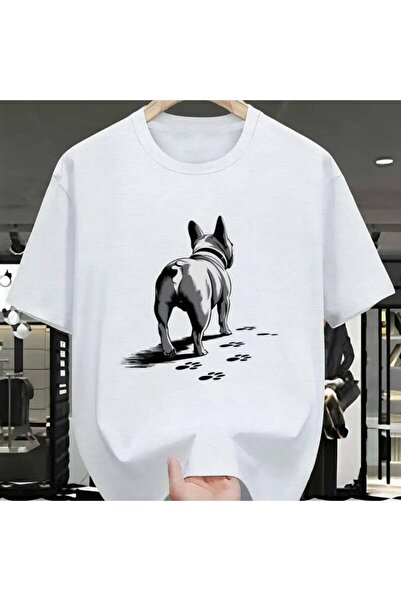 01THEONE French Bulldog Print T-Shirt 100% Cotton Short Sleeve - Casual Round...