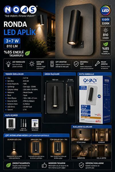 Noas RONDA 3+7W LED Duvar Apliği 810 Lümen 3200K Gün Işığı Siyah