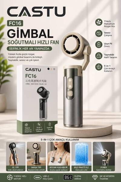 CASTU Dijital LED Göstergeli 100 Kademeli Portatif Soğutucu El Fanı GIMBAL FC16
