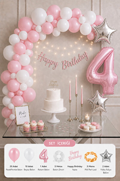 Baloncu Nene 4 Yaş Kız Çocuk Doğum Günü Süsleme Seti Pastel Pembe Beyaz Balon...