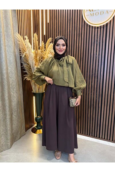 Fashionbox Aven Scarf Detailed Unlined Tulle Modal Blouse |   Khaki