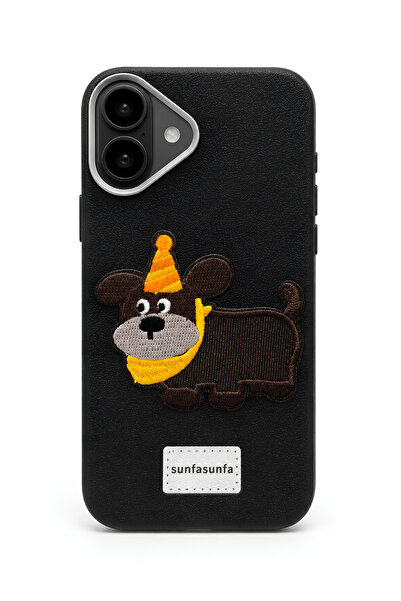 QUSCHU iPhone 16 Plus Uyumlu Nakışlı Şapkalı Köpek Figürlü Deri Görünümlü Sil...