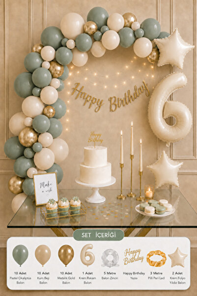 Baloncu Nene 6 Year Old Birthday Decoration Set Eucalyptus Green Sand Beige G...