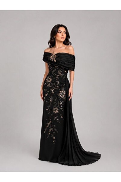 ranin Black Evening Gown with Off-The-Shoulder Cut, Floral Embroidery, and a ...