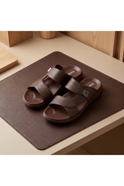 Chyfly Men's Arabic Style Pebbled Leather Sandals Double Strap with Buckle Su...