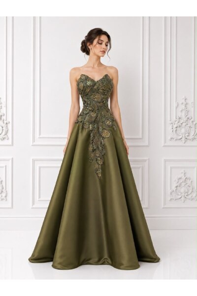 ranin Olive Evening Dress with Beaded Bodice Gipon Mikado Double Cowl Hem