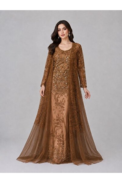 ranin Brown Evening Dress with Computer-Embroidered Patches and Tulle.