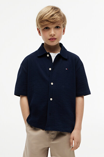 Tommy Hilfiger Kısa Kollu Jarse Seersucker Lacivert Erkek Çocuk Gömlek