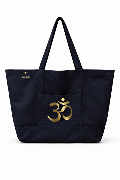 TWINTICKS Om Printed Black & Navy Blue Canvas Shoulder Bag Gold Flex Print Da...