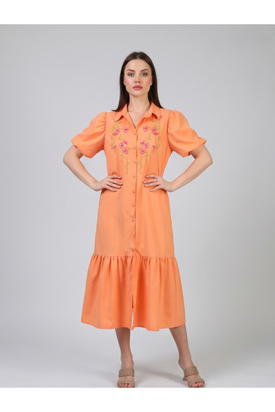 gökçesu Women's Floral Embroidered Shirt Collar Buttoned Midi Length Ruffle D...