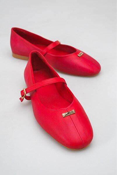 Saadet Kaya Butik Nare Red Genuine Leather Women's Ballerinas with Buckle Detail