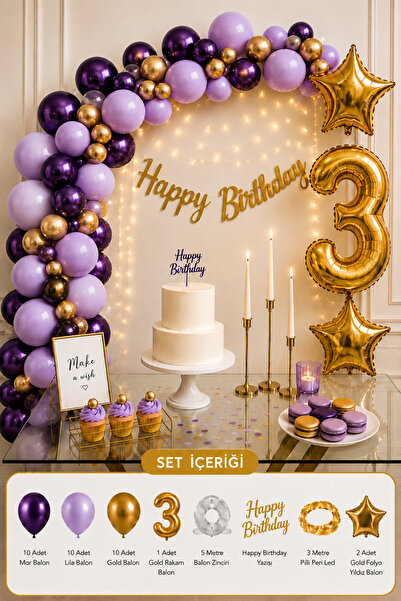 Baloncu Nene 3 Yaş Doğum Günü Süsleme Seti Mor Lila Gold Balonlu Happy Birthd...