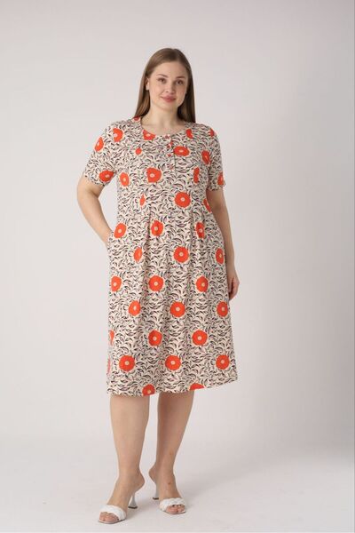STELLETO Red Floral Patterned Short-Sleeved Summer Dress with Pockets