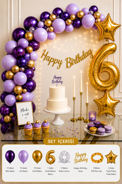 Baloncu Nene 6Th Birthday Decoration Set Purple Lilac Gold Balloon with Numbe...