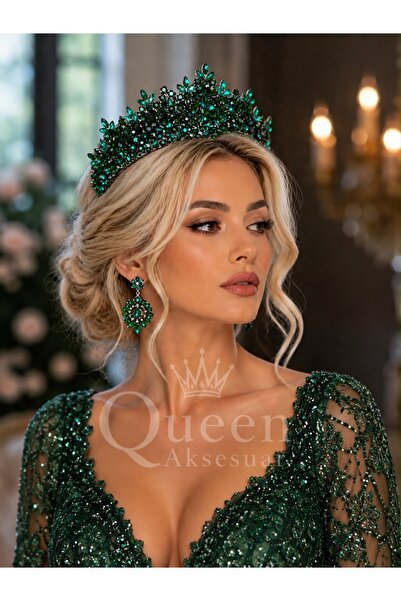 QUEEN AKSESUAR Royal Crown Thesa Emerald Green Crystal Stone Luxury Design En...