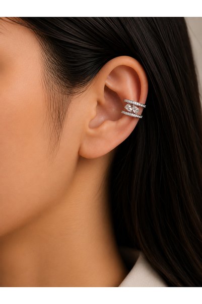 Bymiel Women's Silver Zircon Stone Double Row Cartilage Earring (Ear Cuff)