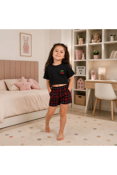 Nappyboo Kız Çocuk Pamuklu Pijama Takımı Üst Siyah Krop Tişört Kiraz Detaylı ...