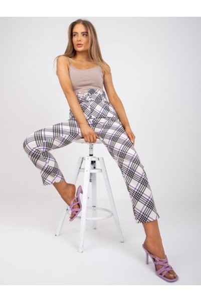 Italy Moda Γυναικεία Παντελόνια, ITALY MODA, Πολυεστέρας, Καρό, Εκρού, μοντέλ...