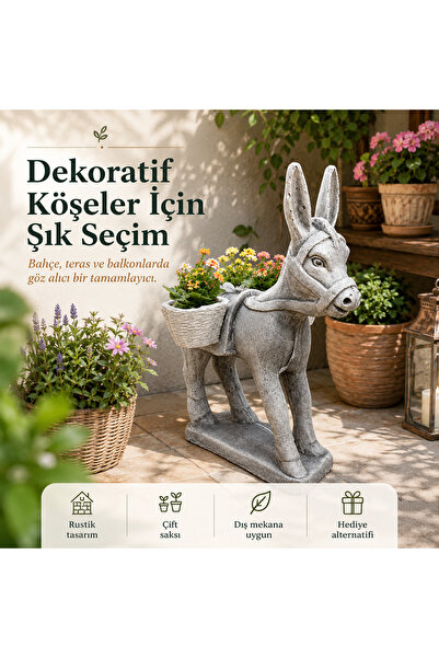 YuumiCo Bahçe Eşek Heykeli | Çift Saksılı Eşek Biblosu | Bahçe Kullanımına Uy...