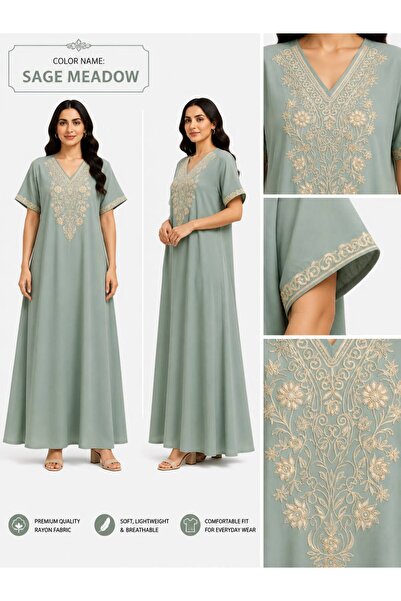 AYOUSH Women's Long Embroidered Robe, Soft and Light Meray Cotton, Comfortabl...