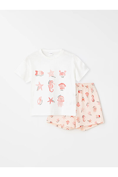 LC Waikiki Beige Crew Neck Printed Short Sleeve Girls' T-Shirt and Shorts