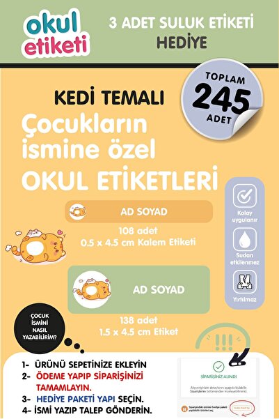 OKUL ETİKETİ BASKI OKUL ETİKETİ KEDİ TEMALI MİDİ PAKET İSME ÖZEL OKUL ETİKETİ...
