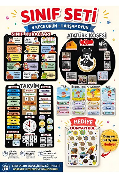 AKADA Sınıf Seti – 4 Keçe Pano + 1 Ahşap Oyun Hediyeli Öğretmen Yeni Dönem Sı...
