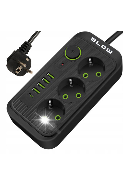 Blow Prelungitor cu întrerupător, 4 porturi USB, 3 prize, 5m, USB Tip-C