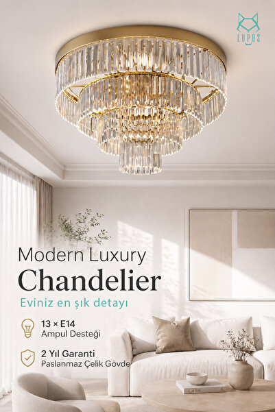 Lupos 4 Katlı Kristal Avize Gold Paslanmaz Çelik 13xE14 Modern Salon Avizesi