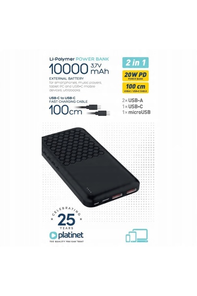 Platinet POWERBANK tip fagure 10000mAh 2xUSB microUSB USB-C Tip-C 20W PD QC3....