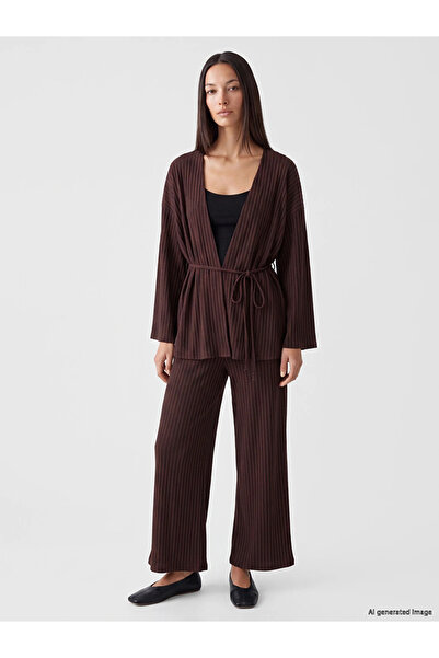 LC Waikiki Burgundy Elastic Waist Striped Women's Trousers