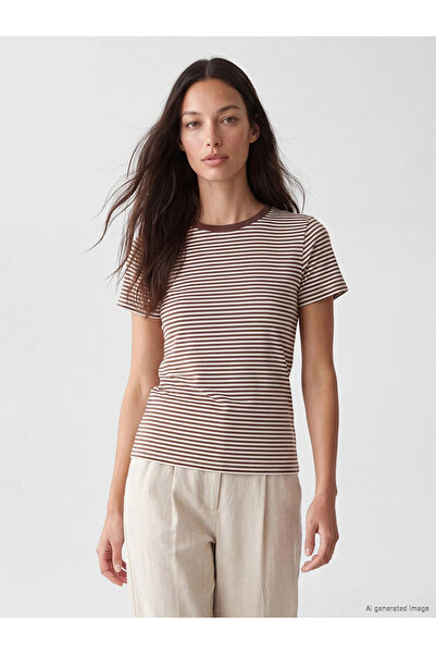 LC Waikiki Brown Crew Neck Striped Women's T-Shirt