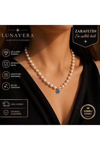 Lunavera Luxe Kadın Nazar Boncuk Detaylı İnci Görünümlü Boncuk Kolye Metal Zi...