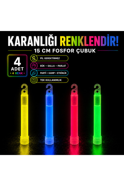 RBR 4 Adet Karışık 15 cm Fosfor Çubuğu Çok Renkli Glow Stick – Tek Kullanımlı...