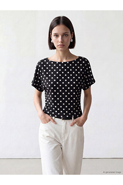 LC Waikiki Black Boat Neck Polka Dot Women's T-Shirt