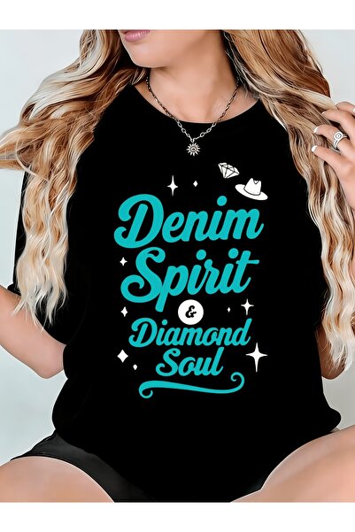 En22 تي شيرت نسائي من الدنيم بتصميم Spirit Diamond Soul، مريح برقبة دائرية، ق...