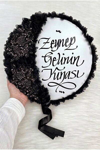 ZEYMERADE Siyah Gelin Tefi 32cm, Kaligrafi Ve Vip Aplik Süslemeli, Düğün Sünn...