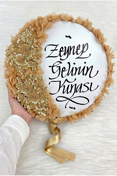 ZEYMERADE Gold Gelin Tefi 32cm, Kaligrafi Ve Vip Aplik Süslemeli, Düğün Sünne...