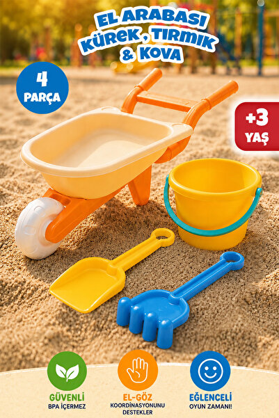 Meleni Toys 4 Piece Beach Set with Hand Cart - Bucket Shovel Rake Garden Sand...